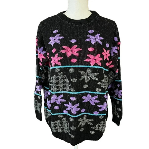 Bay Point Threads Black and Neon Purple Blue Pink 80s 90s Sweater Vintage Large - Picture 1 of 10